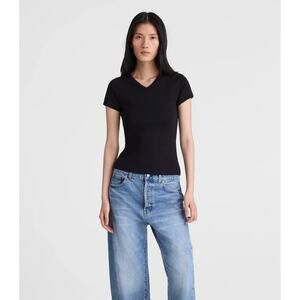 Madewell | NWT 90s V Neck Baby Tee Black Compact Cotton Fitted | Sz L